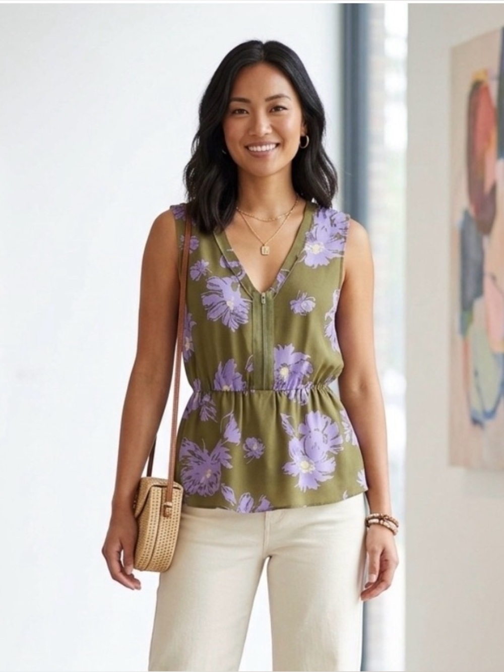 CAbi Olive Green Sleeveless Top with Lavender Floral Accents